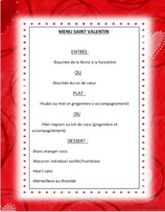 menu St valentin